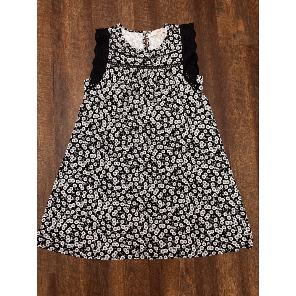 LOFT Floral Dress Large Black White Eyelet Flutter Sleeve A-Line
